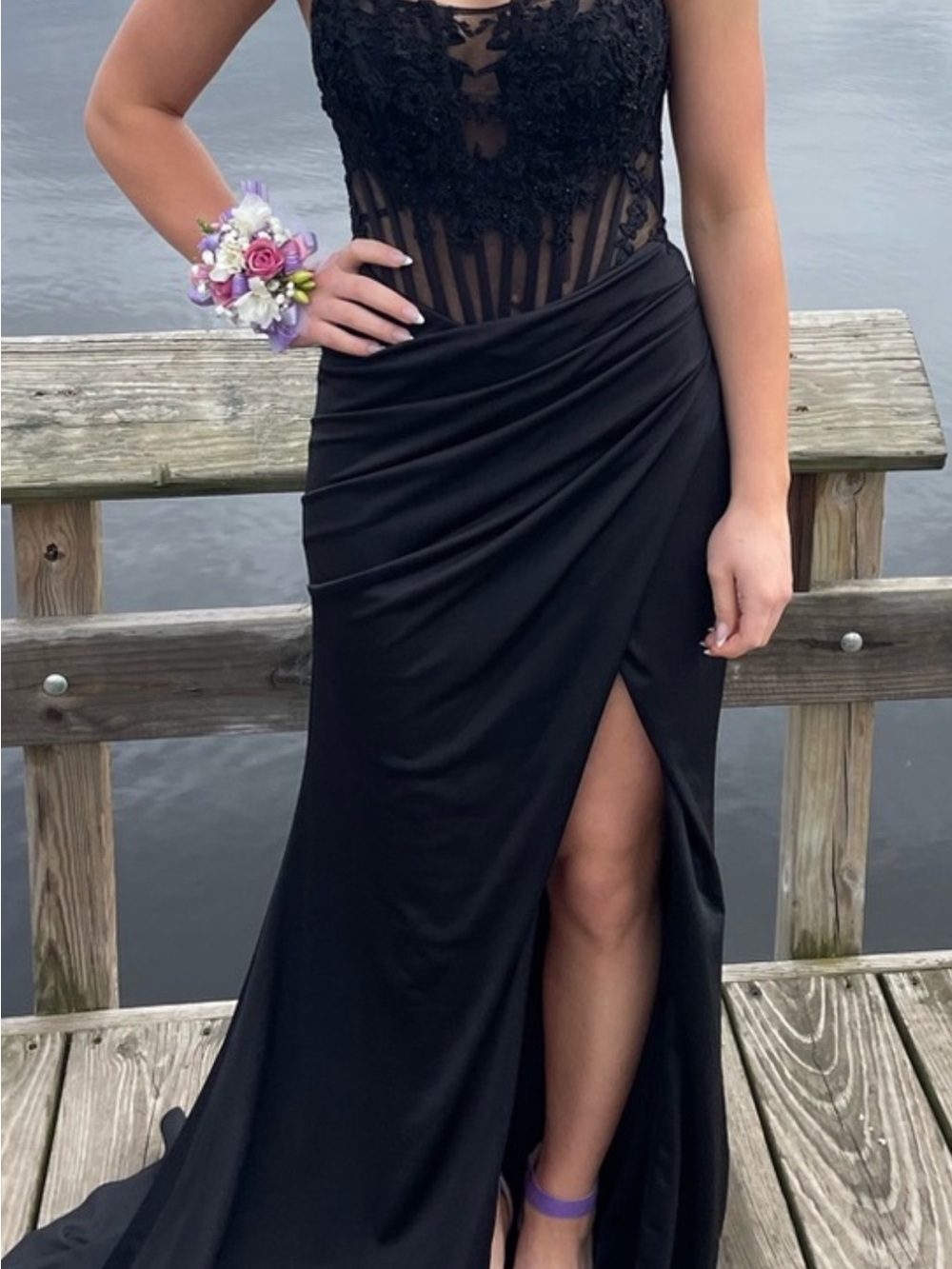 Windsor Black Lace Bodice Prom Gown with Side Slit